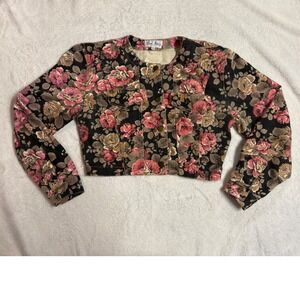 Vintage Y2K 90s Paris Blues Cropped Tapestry Floral Denim Jean Jacket Small